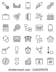 thin line vector icon set - toilet brush vector, skimmer, turk coffee, oven, pen, case, alarm clock, compass, school bus, molecule, dollar calendar, swimsuite, shuttlecock, navigator, money, link