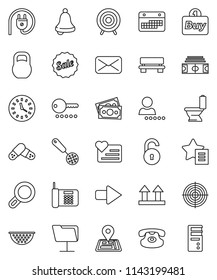 thin line vector icon set - toilet vector, colander, skimmer, bell, stadium, target, heart monitor, navigator, money, clock, calendar, top sign, weight, classic phone, mail, pills, network folder