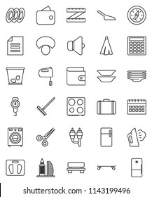 thin line vector icon set - rake vector, scoop, trash bin, steaming, washer, plates, scales, towel, mixer, oven, mushroom, compass, document, wallet, case, calculator, calendar, measuring, speaker