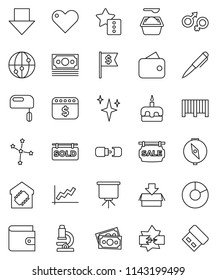 thin line vector icon set - shining vector, washing powder, cake, pen, microscope, compass, presentation, constellation, graph, pie, wallet, arrow down, dollar flag, calendar, money, internet, heart