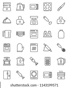 thin line vector icon set - plates vector, kettle, measuring cup, scales, cook glove, press, whisk, skimmer, knife, rolling pin, grater, toaster, microwave oven, double boiler, spices, blender, dish