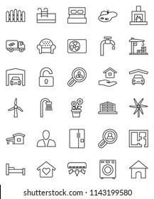 thin line vector icon set - house hold vector, cottage, pond, pool, windmill, water supply, garage, fence, plan, office building, client search, consumer, unlock, bath, washer, cushioned furniture