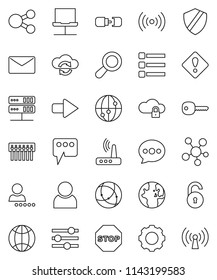 thin line vector icon set - world vector, internet, social media, connection, notebook network, server, cloud exchange, lock, gear, equalizer, menu, shield, hub, router, share, message, arrow, mail