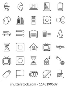 thin line vector icon set - towel vector, splotch, plates, shining window, skimmer, hand mill, bbq, school building, bus, flag, percent growth, sand clock, any currency, cent sign, plane, tv, rec