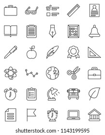 thin line vector icon set - book vector, pen, corner ruler, glasses, case, apple fruit, atom, bell, table lamp, notebook pc, alarm clock, clipboard, medal, scissors, school bus, abacus, world, flag