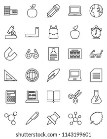 thin line vector icon set - book vector, pen, pencil, school building, corner ruler, glasses, backpack, apple fruit, microscope, calculator, notebook pc, alarm clock, schedule, paper pin, magnet