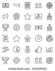 thin line vector icon set - graduate hat vector, clipboard, award cup, certificate, graph, pie, japanese candle, money bag, dollar growth, bank building, target, cent sign, medal, stairways run, top