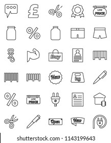 thin line vector icon set - jar vector, pen, medal, personal information, pound, muscule hand, shorts, no hook, weight, barcode, message, low price signboard, smart home, new, open, percent, buy