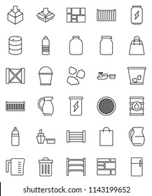 thin line vector icon set - bucket vector, trash bin, garbage pile, measuring cup, jug, sieve, jar, enegry drink, water bottle, sea container, port, wood box, consolidated cargo, package, oil barrel