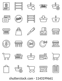 thin line vector icon set - pen vector, dollar coin, cart, credit card, office, shelving, sale, 24 hour, shopping bag, store, mall, receipt, basket, list