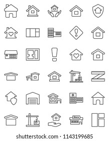 thin line vector icon set - house hold vector, school building, measuring, dry cargo, hospital, home, attention sign, cottage, barn, plan, love, construction crane, protect, mall, window