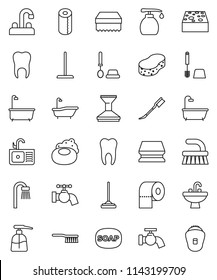 thin line vector icon set - soap vector, fetlock, mop, sponge, water tap, car, bath, toilet brush, liquid, paper, sink, tooth, epilator