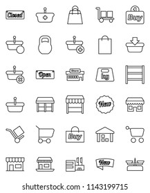 thin line vector icon set - office vector, cargo, warehouse, weight, shelving, new, open, closed, shopping bag, market, store, mall, buy, basket, cart, scales
