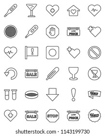thin line vector icon set - sieve vector, arrow down, heart pulse, prohibition sign, no alcohol, cross, attention, glass, rec button, thermometer, vial, undo, stop, sale signboard, low price, new