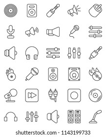 thin line vector icon set - disk vector, music hit, microphone, speaker, loudspeaker, settings, headphones, forward button, rec, rca, jack, equalizer