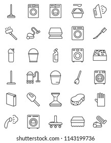 thin line vector icon set - broom vector, vacuum cleaner, mop, bucket, sponge, car fetlock, steaming, washer, washing powder, cleaning agent, rubber glove