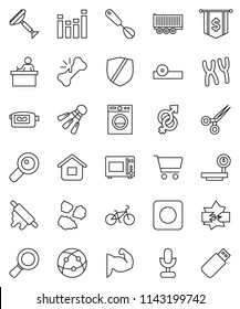 thin line vector icon set - scraper vector, garbage pile, whisk, rolling pin, microwave oven, student, magnifier, cart, dollar flag, bike, muscule hand, shuttlecock, truck trailer, protected, home
