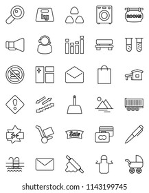 Thin Line Vector Icon Set - Scoop Vector, Window Cleaning, Apron, Rolling Pin, Cereal, Pen, Credit Card, Stairways Run, Pool, No Fastfood, Truck Trailer, Weight, Loudspeaker, Equalizer, Mail, Vial