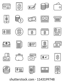 thin line vector icon set - credit card vector, cash, coin stack, check, receipt, dollar calendar, money, wallet, reader, tap pay
