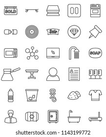thin line vector icon set - soap vector, sponge, trash bin, bath, shower, garbage pile, turk coffee, oven, paper pin, personal information, molecule, manager, safe, t shirt, skateboard, water bottle