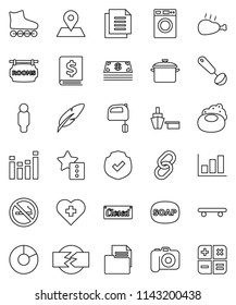 thin line vector icon set - soap vector, washer, pan, ladle, mixer, chicken leg, pen, graph, pie, annual report, man, roller Skates, skateboard, no smoking, heart cross, map pin, port, document