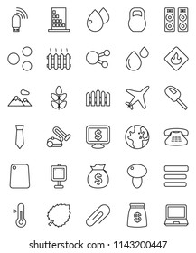 thin line vector icon set - cutting board vector, thermometer, mushroom, presentation, world, leaf, money bag, tie, monitor dollar, cereals, plane, weight, flammable, classic phone, social media