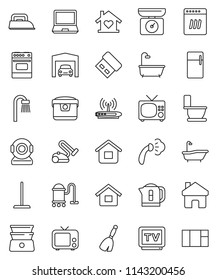 thin line vector icon set - broom vector, vacuum cleaner, mop, steaming, bath, toilet, oven, double boiler, tv, home, house, garage, love, iron, dishwasher, fridge, multi cooker, kitchen scales, usb
