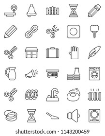 thin line vector icon set - soap vector, scoop, rubber glove, water tap, plates, jug, pen, pencil, bell, scissors, case, sand clock, hoop, big scales, speaker, link, rec button, tooth implant, fence