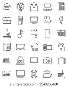 thin line vector icon set - kettle vector, scales, mixer, calculator, music, exchange, case, calendar, stadium, package, camera, video, monitor, office building, lock, cushioned furniture, fireplace