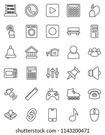 thin line vector icon set - ruler vector, bell, calculator, abacus, music, university, roller Skates, satellitie, speaker, gamepad, settings, mobile phone, touchscreen, group, thumbtack, play button