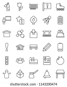 thin line vector icon set - kettle vector, apron, turk coffee, pencil, blackboard, bell, annual report, fitball, roller Skates, shuttlecock, attention, satellite, traffic light, truck trailer, tulip