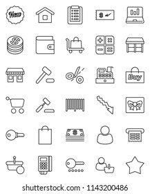 thin line vector icon set - laptop graph vector, wallet, crisis, office, gift, dollar coin, cash, new, shopping bag, market, customer, buy, barcode, card reader, cashbox, receipt, basket, cart, home