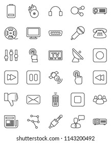 thin line vector icon set - satellite antenna vector, film spool, music hit, microphone, satellitie, newspaper, settings, tv, remote control, touchscreen, speaking man, headphones, monitor, group