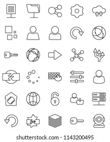 thin line vector icon set - connection vector, network, disconnection, folder, server, cloud exchange, big data, gear, equalizer, firewall, share, arrow, redo, undo, loading, globe, route, document