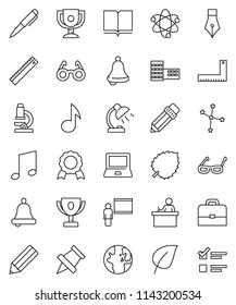 thin line vector icon set - book vector, pen, pencil, school building, blackboard, corner ruler, glasses, student, case, atom, microscope, bell, table lamp, notebook pc, paper pin, award cup, medal