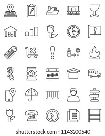 thin line vector icon set - signpost vector, navigator, earth, Railway carriage, attention, phone 24, support, traking, ship, car, clock, calendar, clipboard, document, glass, umbrella, dry cargo