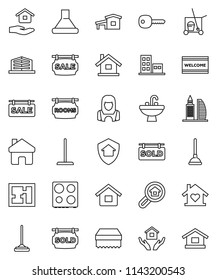 thin line vector icon set - plunger vector, cleaner trolley, mop, sponge, welcome mat, house hold, sink, woman, oven, home, key, cottage, plan, sale signboard, rooms, sold, apartments, search estate