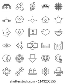 thin line vector icon set - shining vector, splotch, atom, pie graph, man, arrow down, stadium, target, no fastfood, heart cross, oxygen, attention, satellite, top sign, equalizer, link, eye, gender
