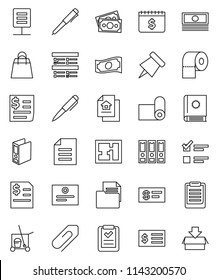 thin line vector icon set - cleaner trolley vector, toilet paper, pen, clipboard, pin, certificate, document, exam, cash, annual report, receipt, binder, dollar calendar, fitness mat, money, network