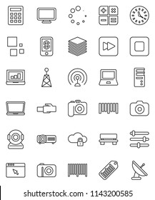 thin line vector icon set - notebook pc vector, laptop graph, clock, barcode, camera, antenna, stop button, forward, cloud lock, big data, browser, equalizer, lan connector, bench, loading, tap pay
