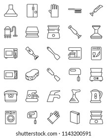 thin line vector icon set - plunger vector, water tap, vacuum cleaner, fetlock, sponge, car, washing powder, rubber glove, kettle, spatula, microwave oven, double boiler, blender, fridge, washer