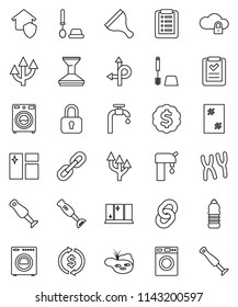 thin line vector icon set - scraper vector, car fetlock, window cleaning, toilet brush, washer, shining, blender, exchange, dollar medal, water bottle, route, chromosomes, cloud lock, chain, arrow