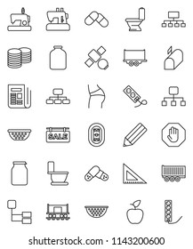 thin line vector icon set - toilet vector, colander, jar, pencil, corner ruler, apple fruit, coin stack, hierarchy, buttocks, stadium, Railway carriage, satellite, truck trailer, newspaper, pills