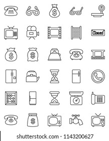 thin line vector icon set - water tap vector, washboard, kettle, glasses, abacus, money bag, sand clock, phone, big scales, film frame, video camera, classic, fridge, tv, closed, kitchen