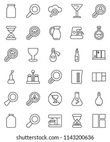 thin line vector icon set - shining window vector, oil, measuring cup, spices, jug, jar, magnifier, flask, no alcohol sign, glass, sand clock, potion, cloud, search estate, client, coffee maker