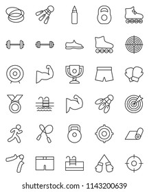 thin line vector icon set - award cup vector, target, barbell, weight, jump rope, hand trainer, punching bag, muscule, snickers, boxing glove, shorts, roller Skates, medal, fitness mat, shuttlecock