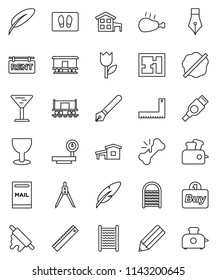 thin line vector icon set - splotch vector, welcome mat, washboard, rolling pin, chicken leg, pen, pencil, corner ruler, drawing compass, Railway carriage, glass, tulip, big scales, hdmi, cottage