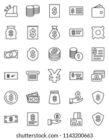 thin line vector icon set - dollar coin vector, credit card, wallet, cash, money bag, investment, stack, check, receipt, shield, any currency, yen sign, cashbox