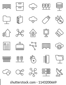 thin line vector icon set - presentation vector, archive, personal information, dollar growth, binder, barcode, music hit, social media, network, server, folder, cloud shield, exchange, hub, upload