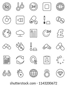 thin line vector icon set - toilet brush vector, glasses, world, personal information, pie graph, pound, pills, no fastfood, gymnast rings, oxygen, earth, music hit, stop button, backward, refresh